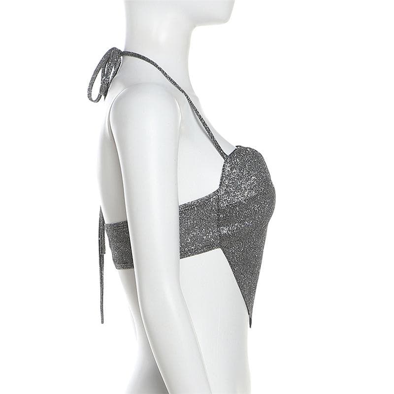 Halter backless zip-up beaded sweetheart neck crop top