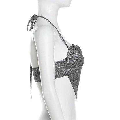 Halter backless zip-up beaded sweetheart neck crop top