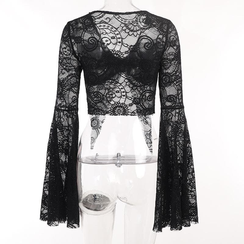 Flared sleeve lace slit v neck solid crop top