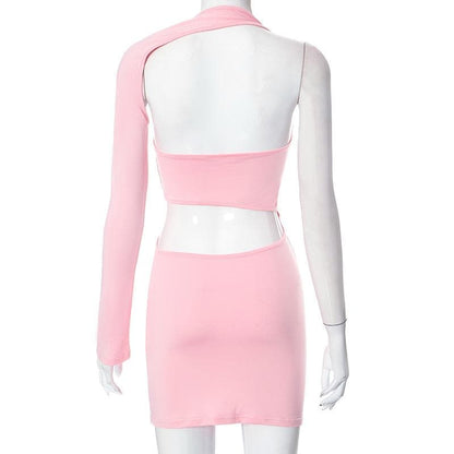 One Shoulder Long Sleeve Waist Cutout Bodycon Mini Dress