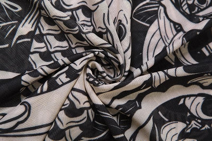 Sheer mesh see through abstract long sleeve high neck maxi dress