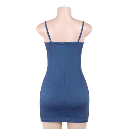 U neck denim mesh patchwork print cami mini dress