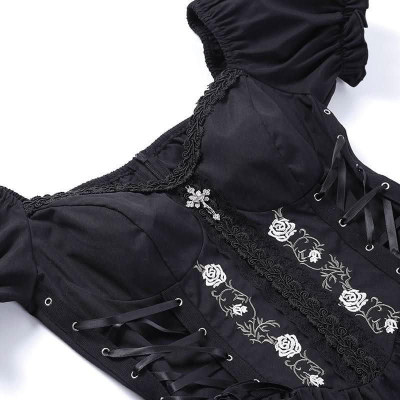Puff sleeve short sleeve embroidery mini dress