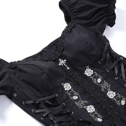 Puff sleeve short sleeve embroidery mini dress