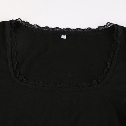 Lace hem solid square neck long sleeve top