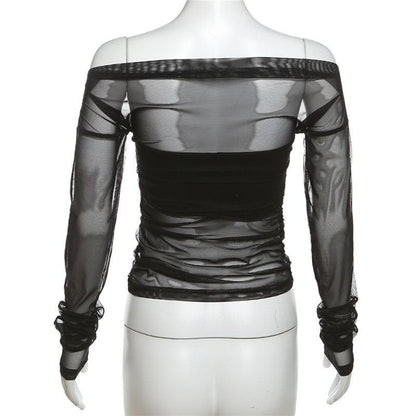 Mesh off shoulder ruched solid long sleeve 2 piece top