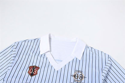 Turnover collar long sleeve striped letter print top