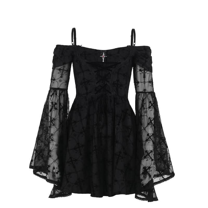 Long flared sleeve off shoulder cross applique mini dress