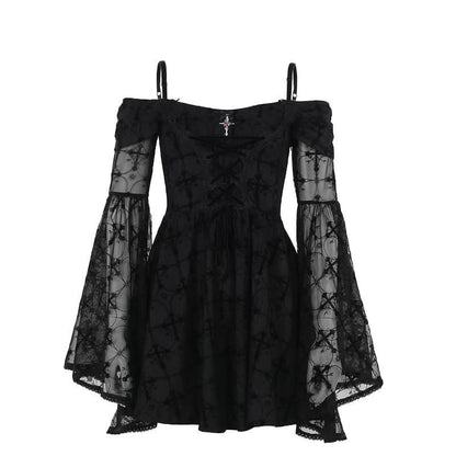 Long flared sleeve off shoulder cross applique mini dress