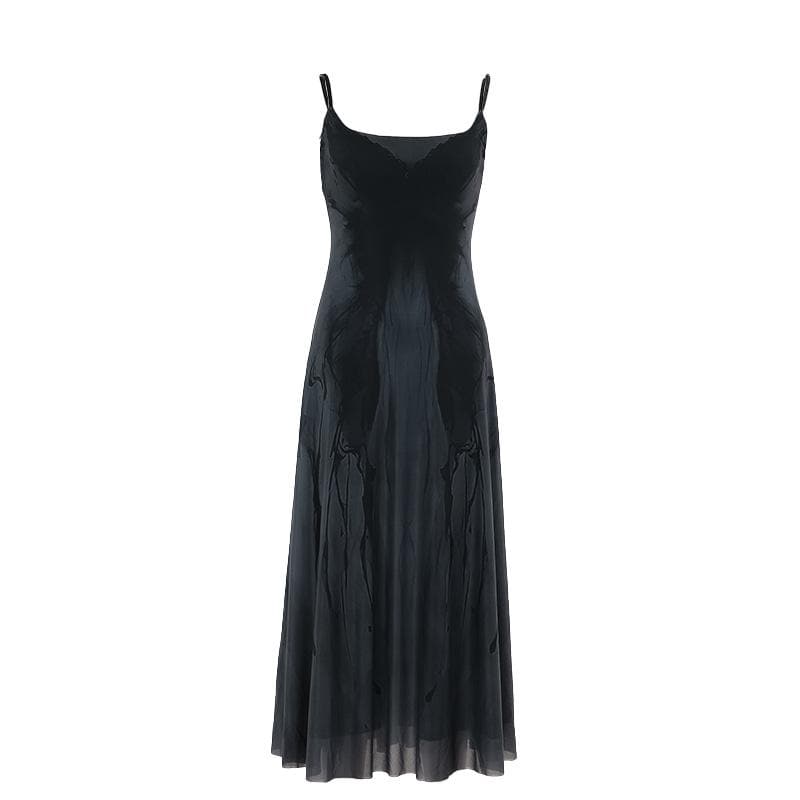 U neck butterfly print mesh cami maxi dress