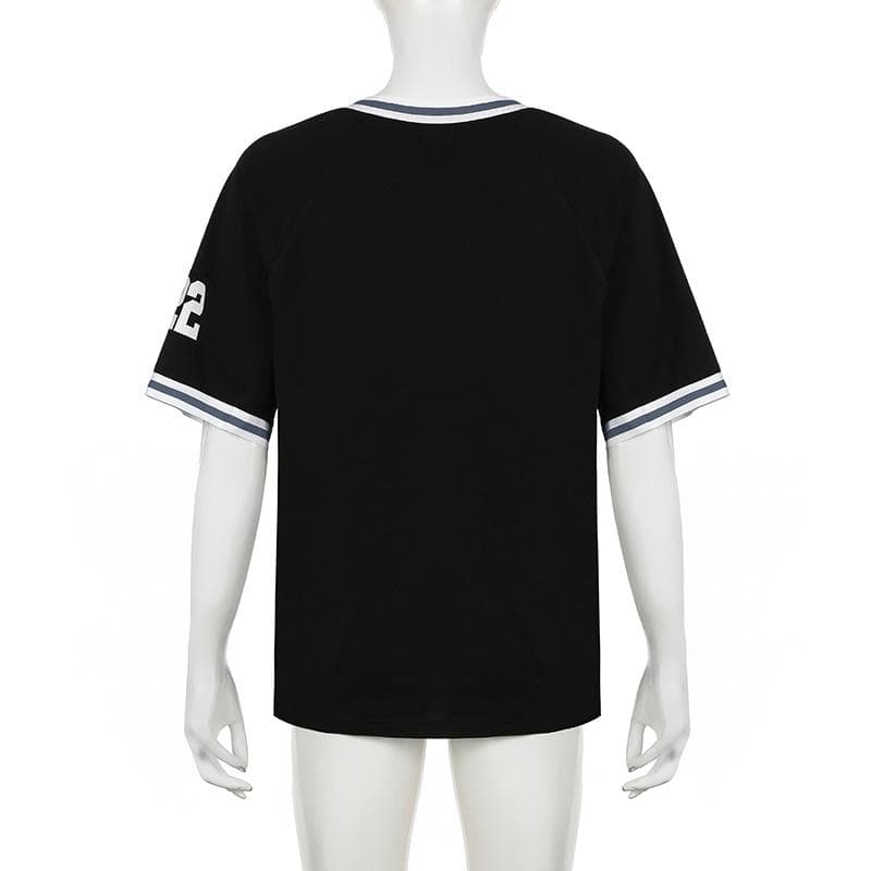 Short sleeve stitch “22” print v neck top