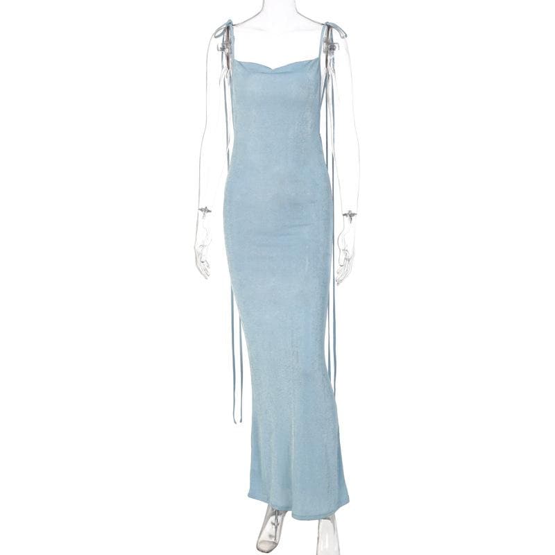 Cowl neck backless self tie solid ruched maxi dress