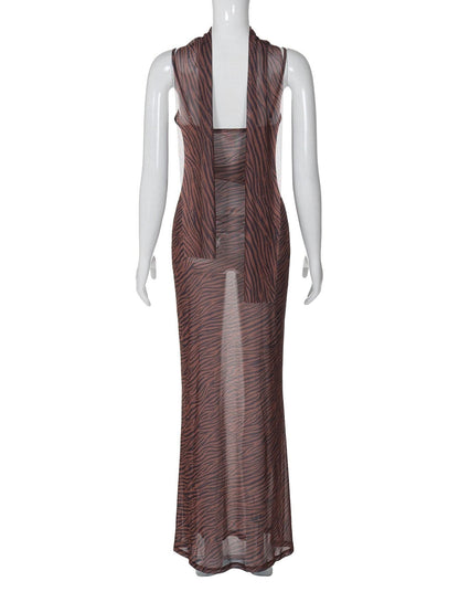 Tiger print sheer mesh cami maxi dress