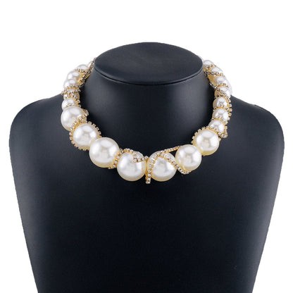 Faux pearl rhinestone beaded choker necklace