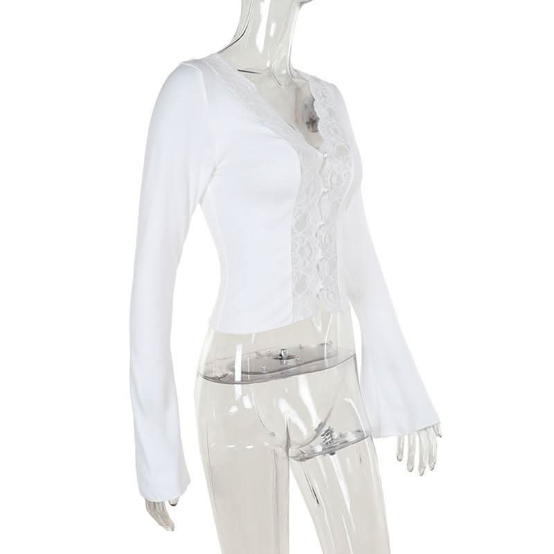Long sleeve v neck lace hem button top