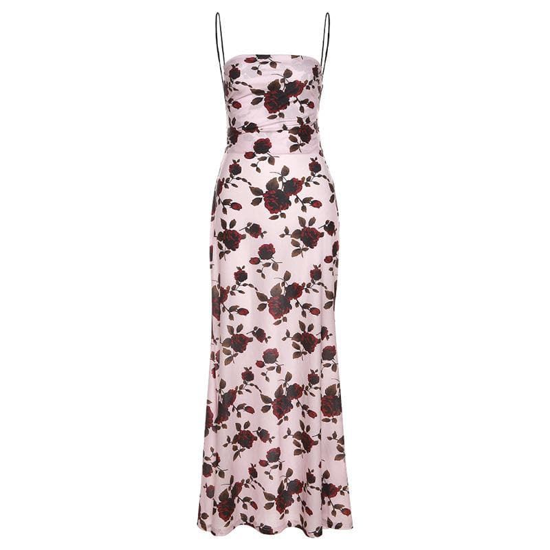 Flower print low cut spaghetti strap contrast lace up backless midi dress