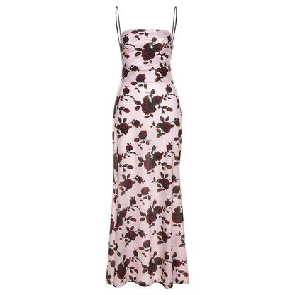 Flower print low cut spaghetti strap contrast lace up backless midi dress