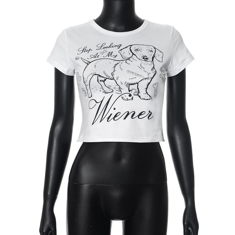 Crew neck short sleeve dog print crop top