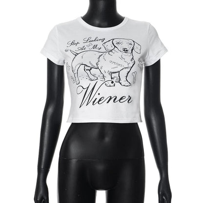Crew neck short sleeve dog print crop top