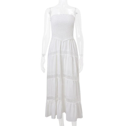 Smocked ruched lace patchwork tube midi dress