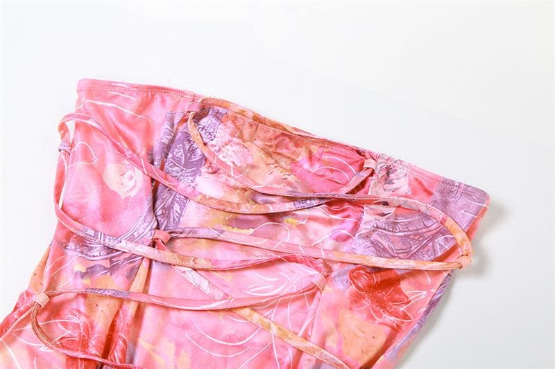 Lace up flower print contrast backless tube maxi dress