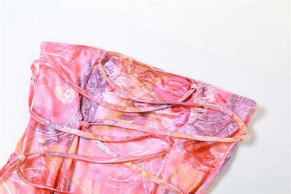 Lace up flower print contrast backless tube maxi dress