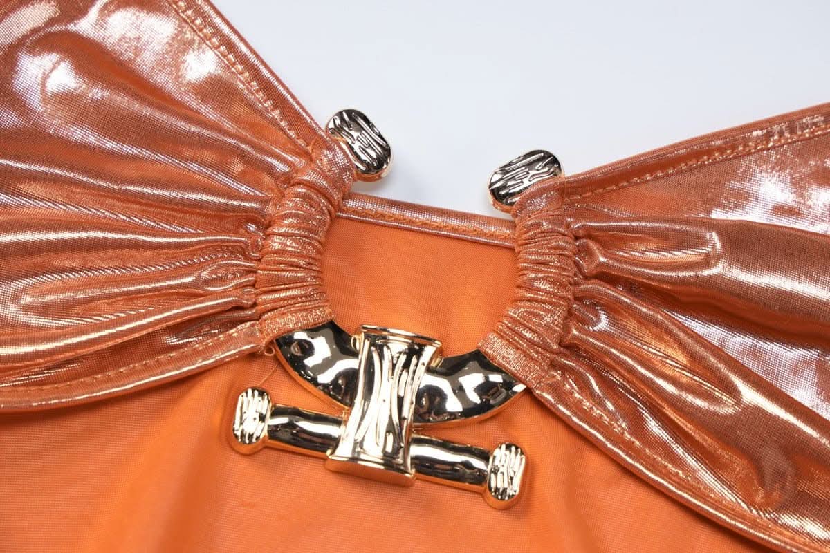 Hollow out metallic ruched backless metal applique cami cut out maxi dress-final-sale