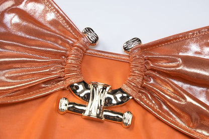 Hollow out metallic ruched backless metal applique cami cut out maxi dress-final-sale