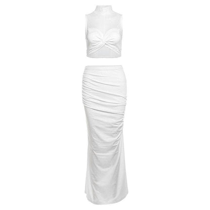 Knotted solid high neck mesh sleeveless ruched maxi skirt set-final-sale