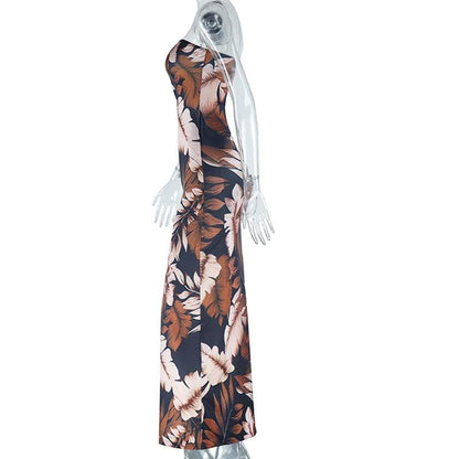 High slit print irregular tube maxi dress