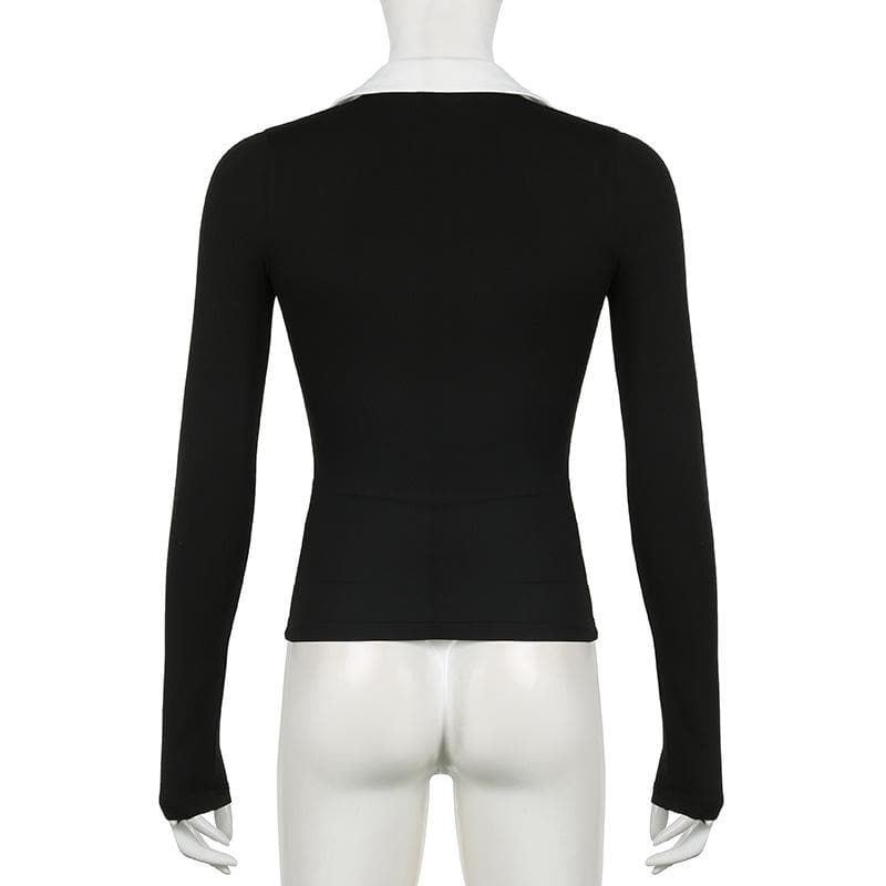 Long sleeve turnover collar bowknot embroidery top