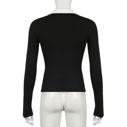 Long sleeve turnover collar bowknot embroidery top