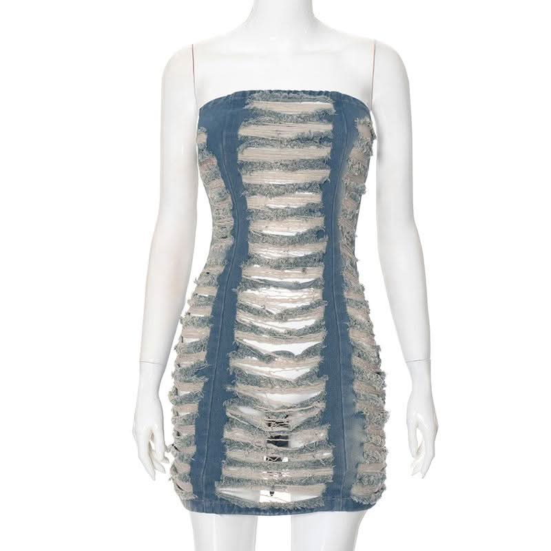 Hollow out ruched raw hem zip-up tube cut out mini dress