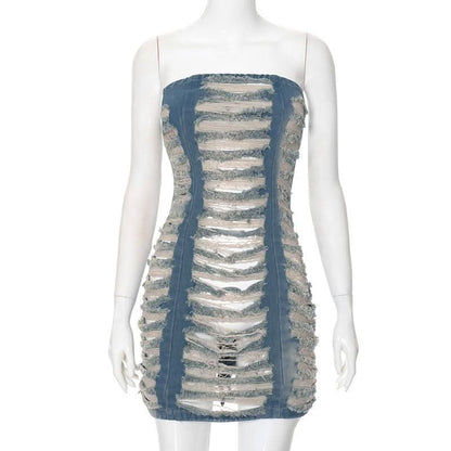 Hollow out ruched raw hem zip-up tube cut out mini dress