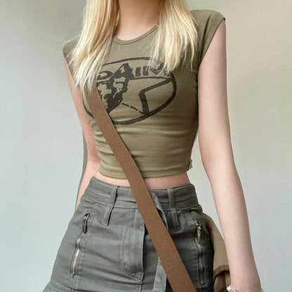 Star pattern cap sleeve contrast crewneck crop top