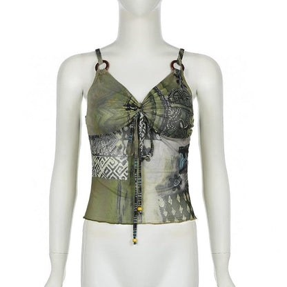 O ring ruched patchwork beaded mesh knotted cami top