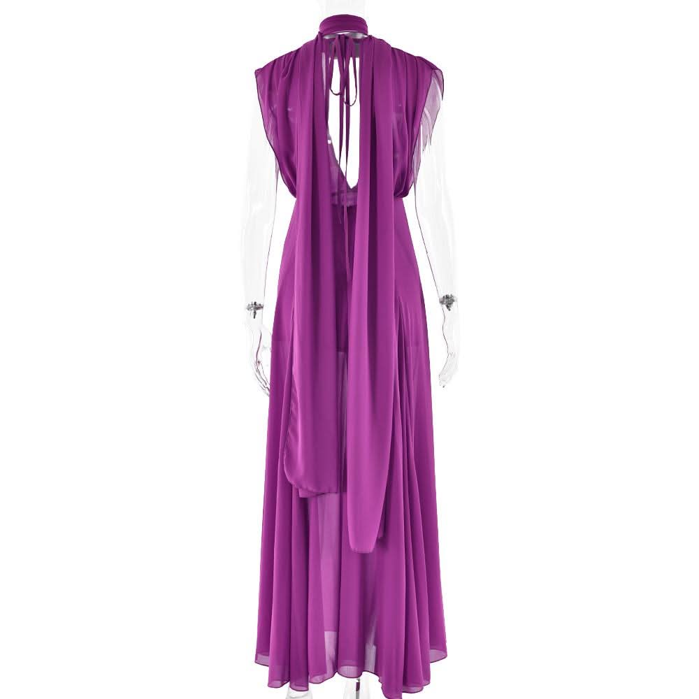 Slit deep V neck backless self tie solid maxi dress