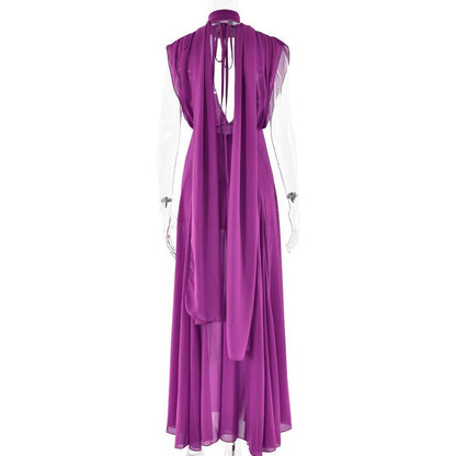 Slit deep V neck backless self tie solid maxi dress