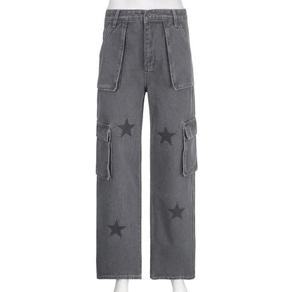 Contrast denim star pattern zip-up pocket jeans-final-sale