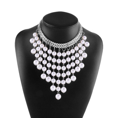 Layered faux pearl choker tassels necklace