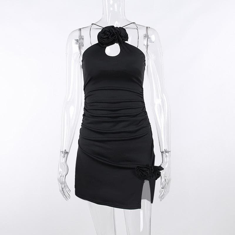 Ruched flower applique hollow out backless slit cut out mini dress