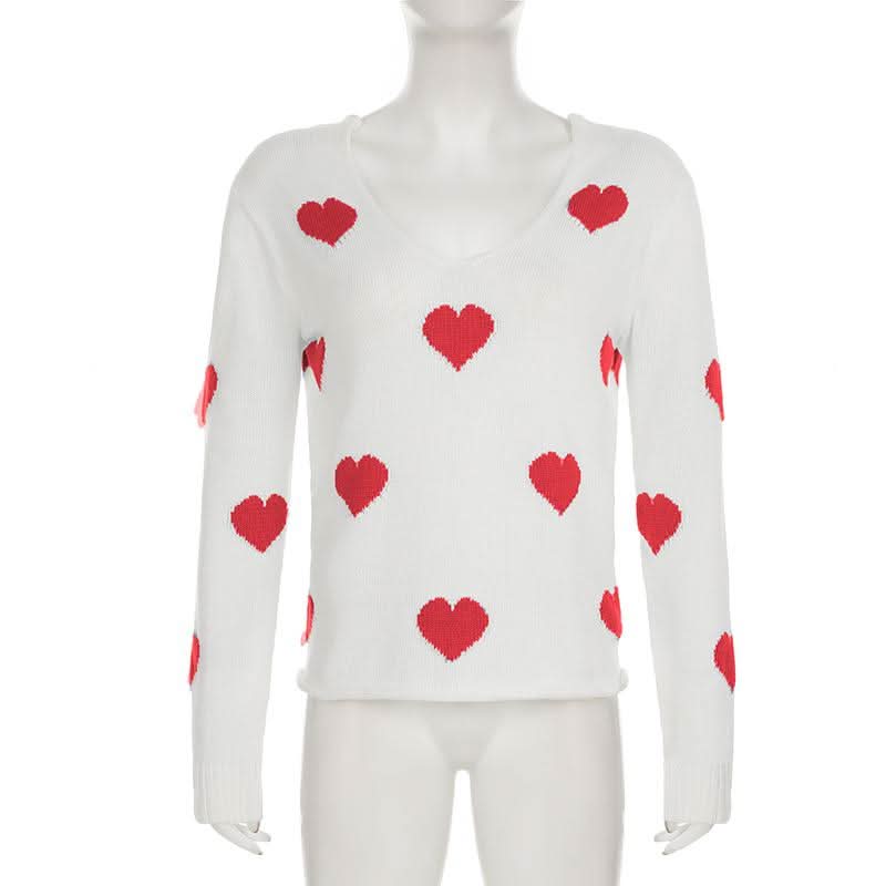 Long sleeve v neck sweetheart pattern knitted top