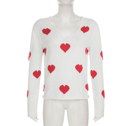 Long sleeve v neck sweetheart pattern knitted top