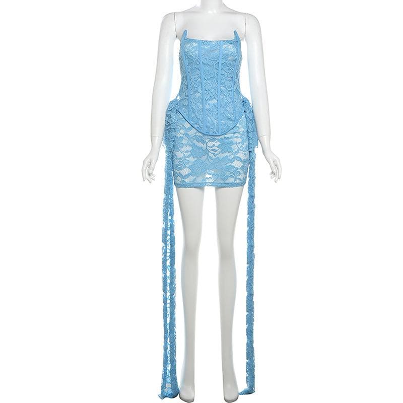 Lace bustier ruched see through tube mini dress