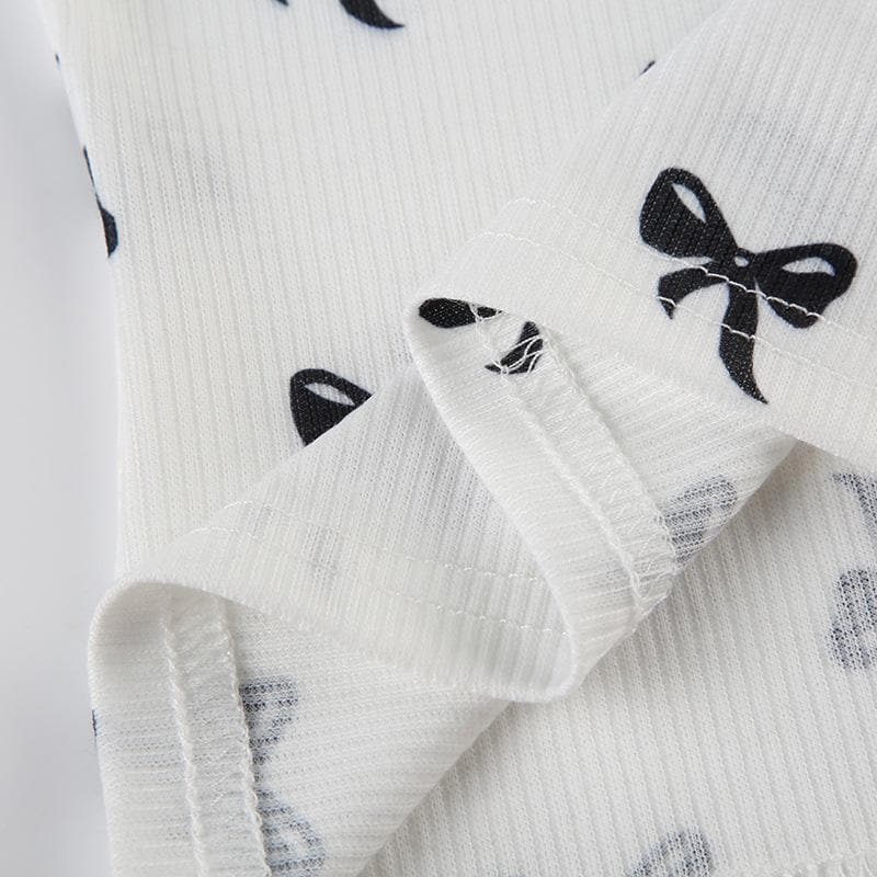 Off shoulder bowknot ribbed print top
