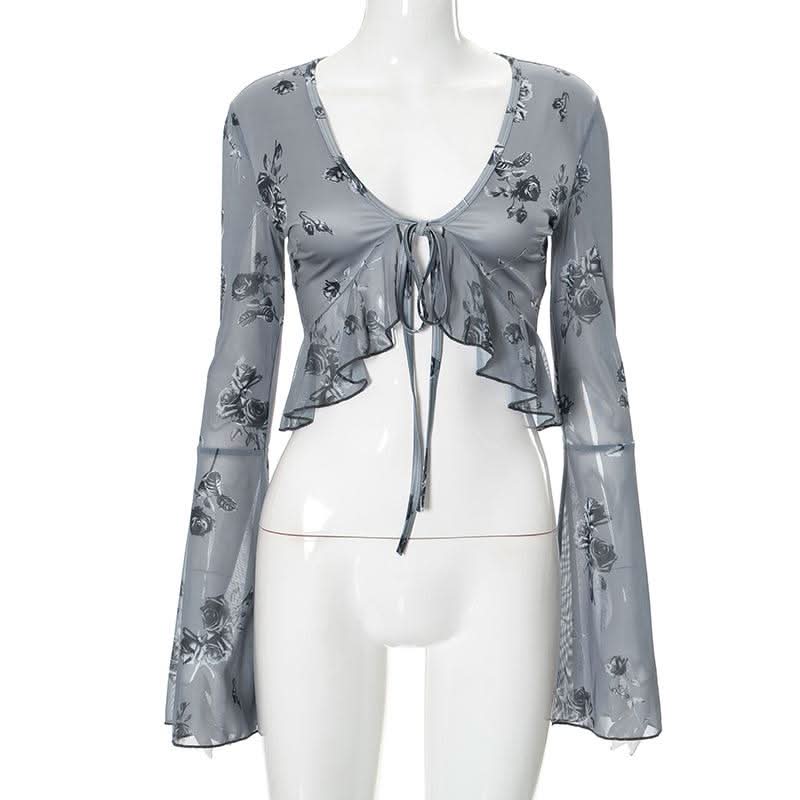Long flared sleeve v neck self tie ruffle flower print top