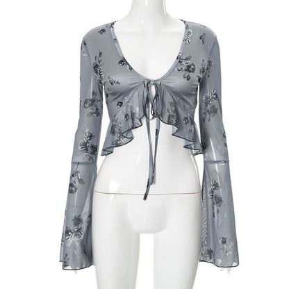 Long flared sleeve v neck self tie ruffle flower print top