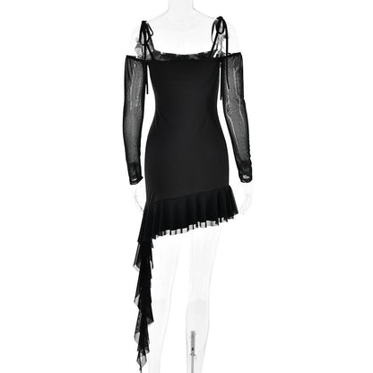 Ruffle self tie irregular off shoulder mesh long sleeve mini dress