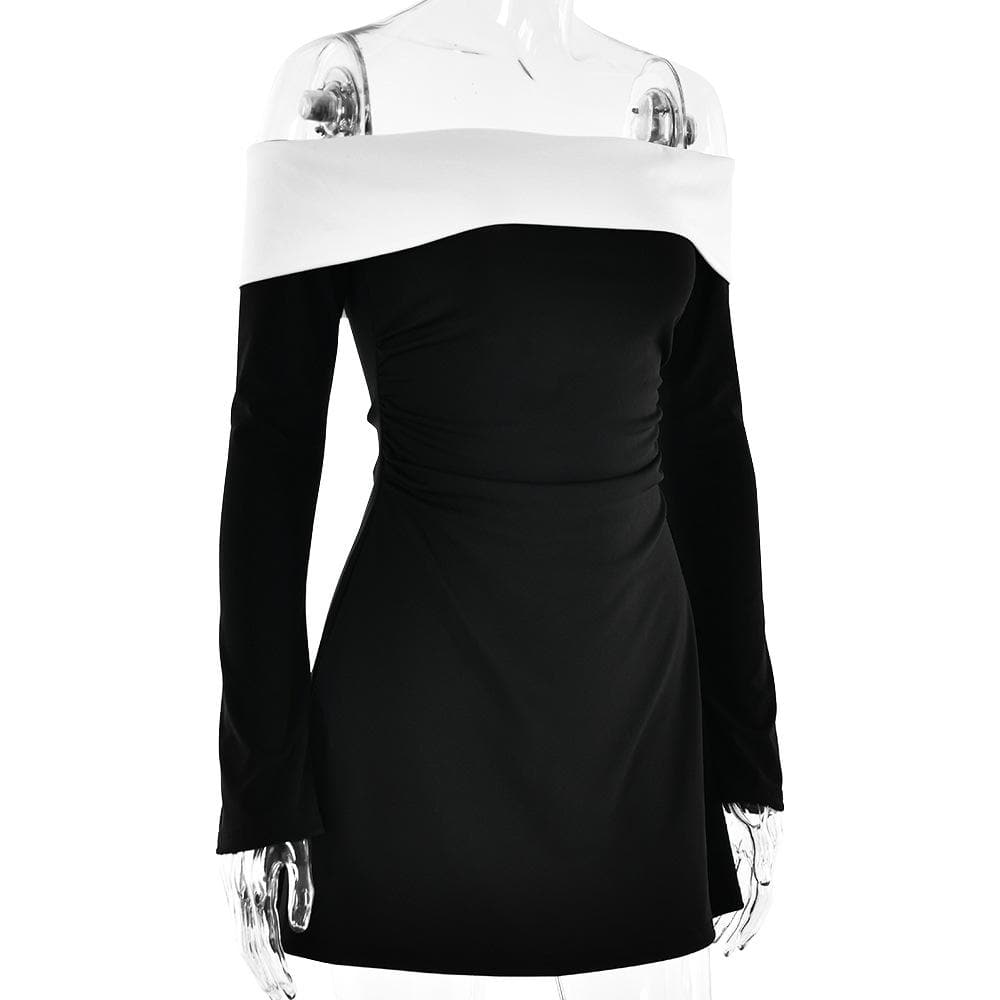 Long sleeve off shoulder patchwork backless mini dress