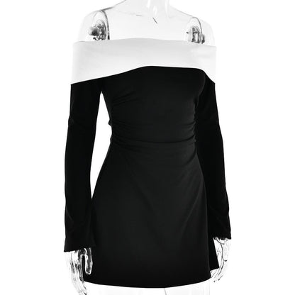 Long sleeve off shoulder patchwork backless mini dress